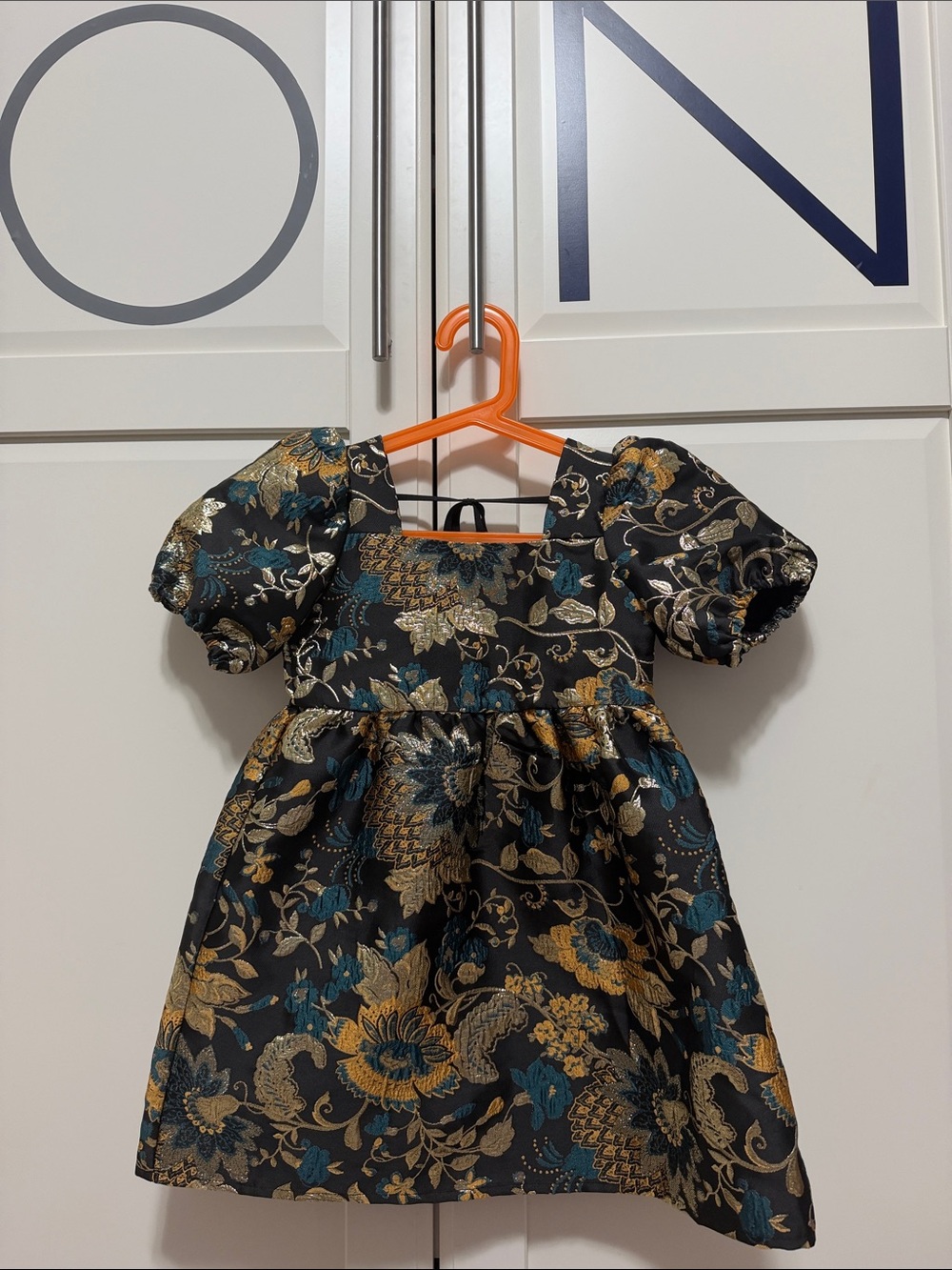 GB girls Black Floral Jacquard Dress with Gold and Teal Accents